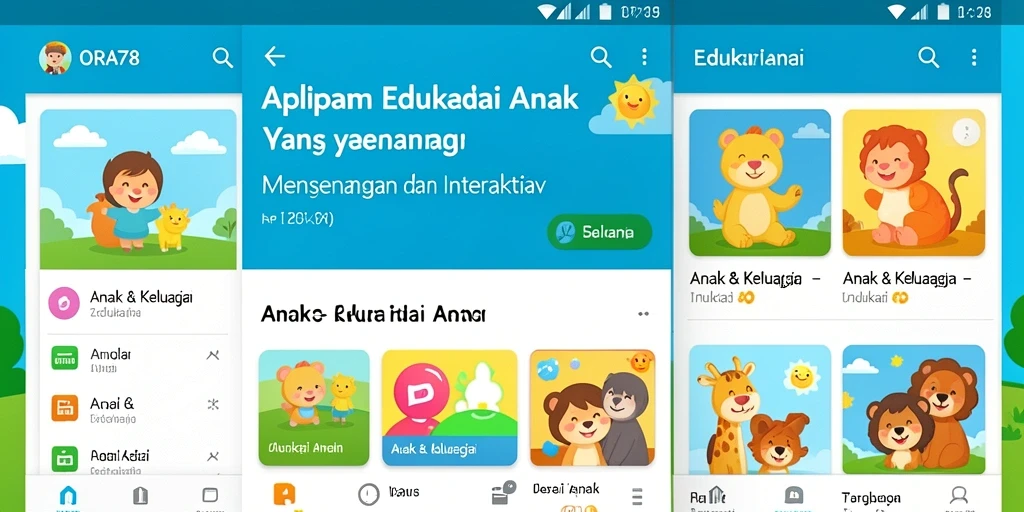 Antarmuka aplikasi ORA78 yang ramah anak dengan fitur edukasi yang menarik.